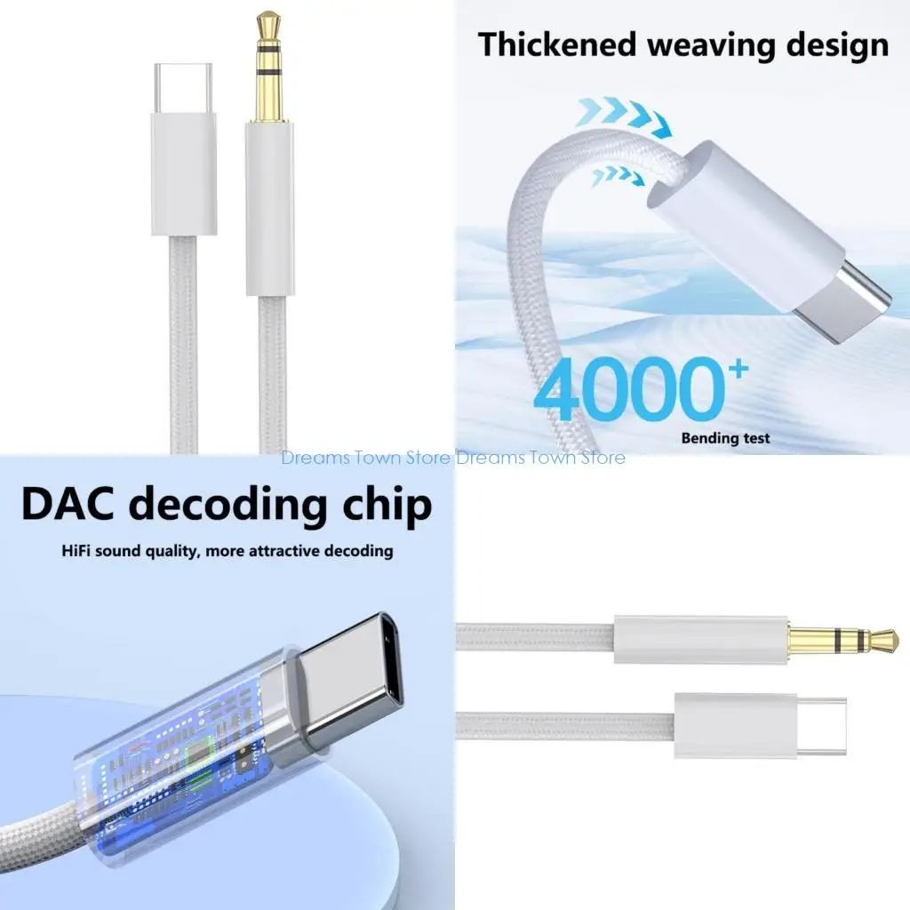 HX6A 100cm Long USB C to 3.5mm Adapter Cable Nylon Braided Wire Extension Line for Headphones, Speakers