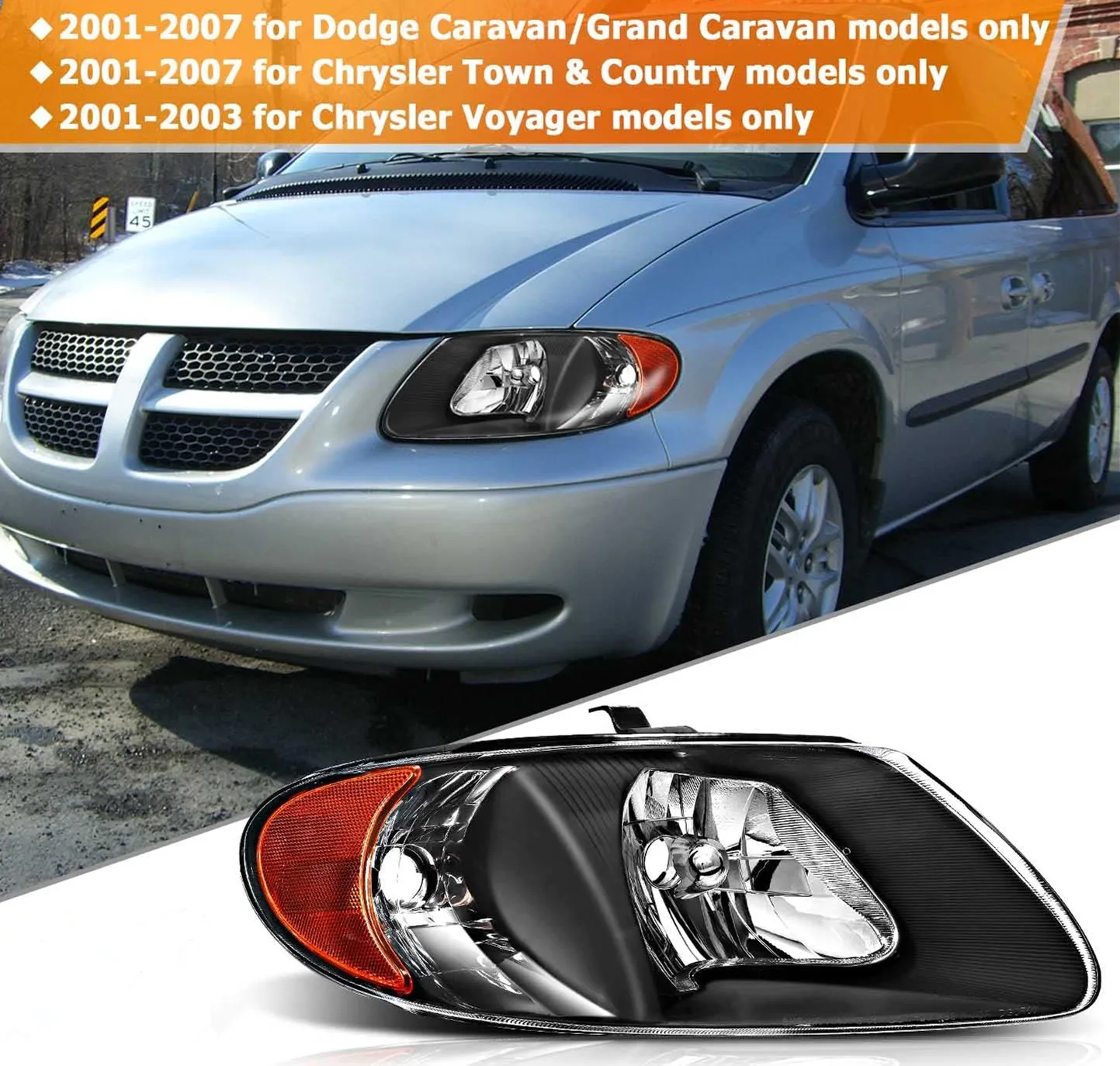 Sulinso  For Black 2001-2007 Dodge Caravan Town & Country 01-03 Voyager Headlights Driver + Passenger Side