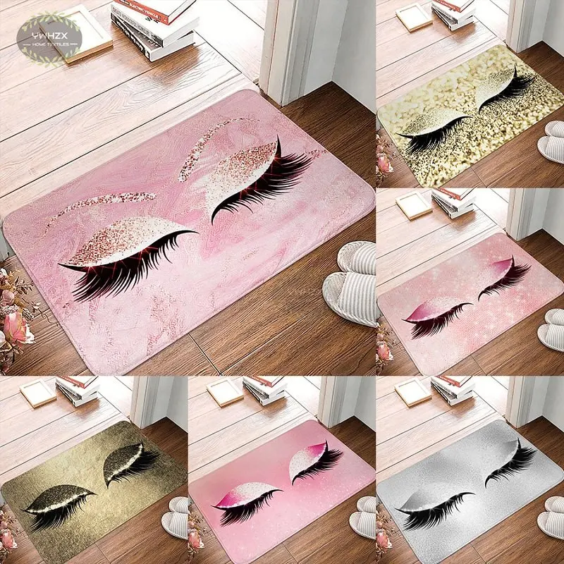 Sparkly Makeup Door Mat Rose Golden Glitter Lashes Entrance Doormat Rug Soft Flannel Carpet Anti-Slip Beauty Studio Home Decor