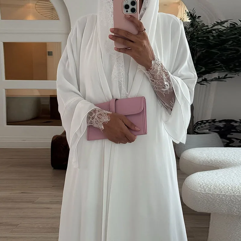 Modest Vintage Solid Chiffon X-Long Cardigan With Headscarf Women Fashion V Neck Spliced Lace Trench Coat Autumn Long Sleeve Top