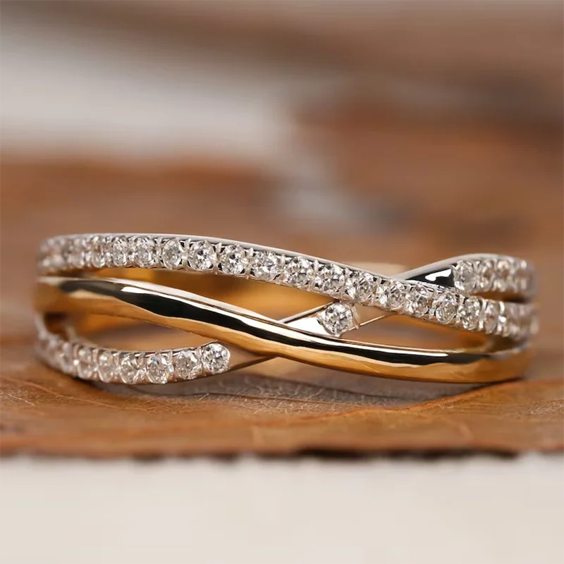0.25Ctw Round Cut HPHT Lab Grown Diamond Crossover Overlapping Ring 14K/10K/18K Two tone Gold For Women Half Eternity Band