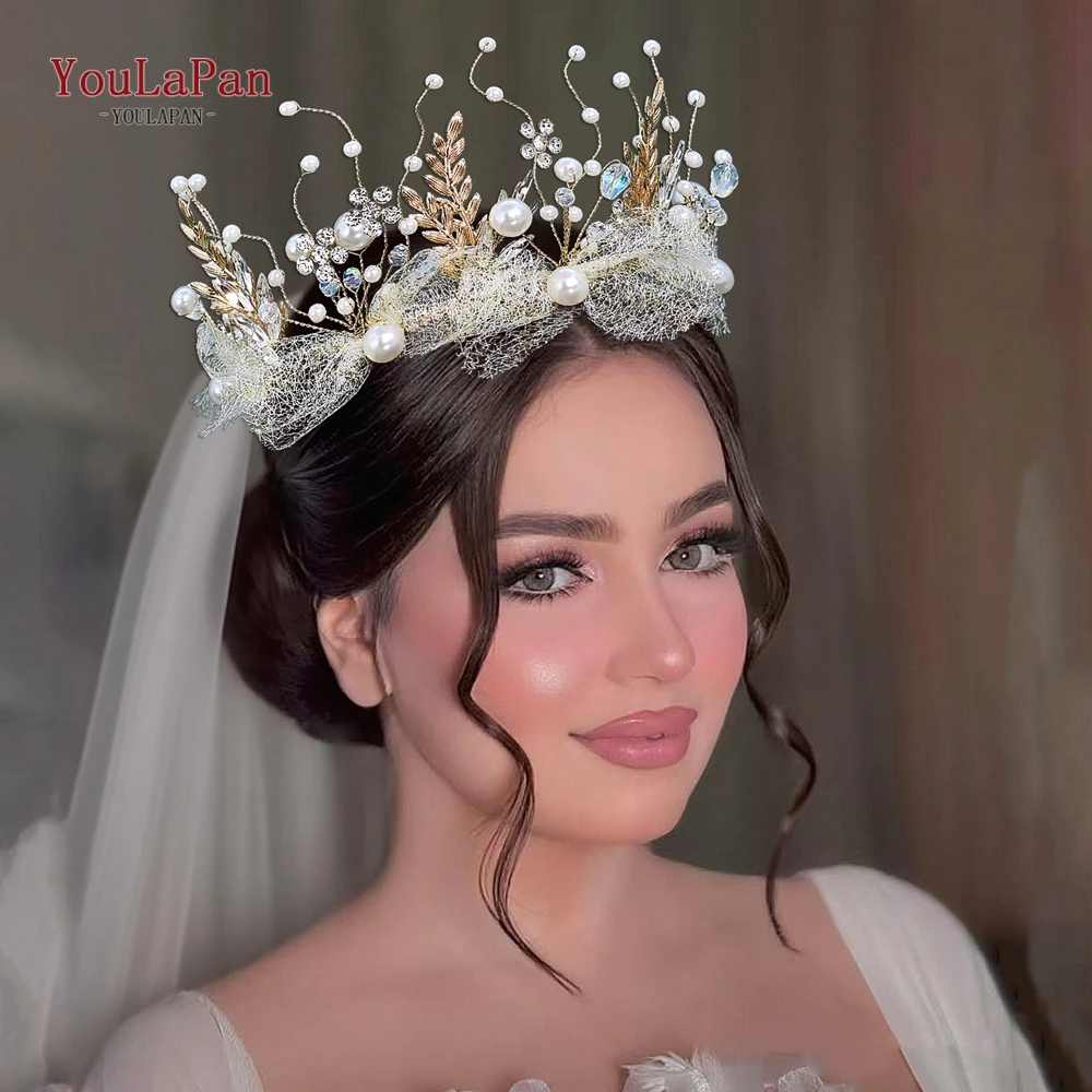 

YouLaPan Alloy Leaf Bride Hair Hoop Wedding Rhinestone Pearl Headband Women Luxury Hair Accessories Handmade Headwear HP943