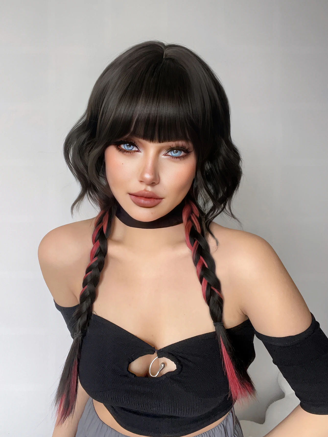 12Inch Black Short Wavy Hair With 26Inch Black Highlight Red Braided Hair Synthetic Wigs With Bang Wig For Women Heat Resistant