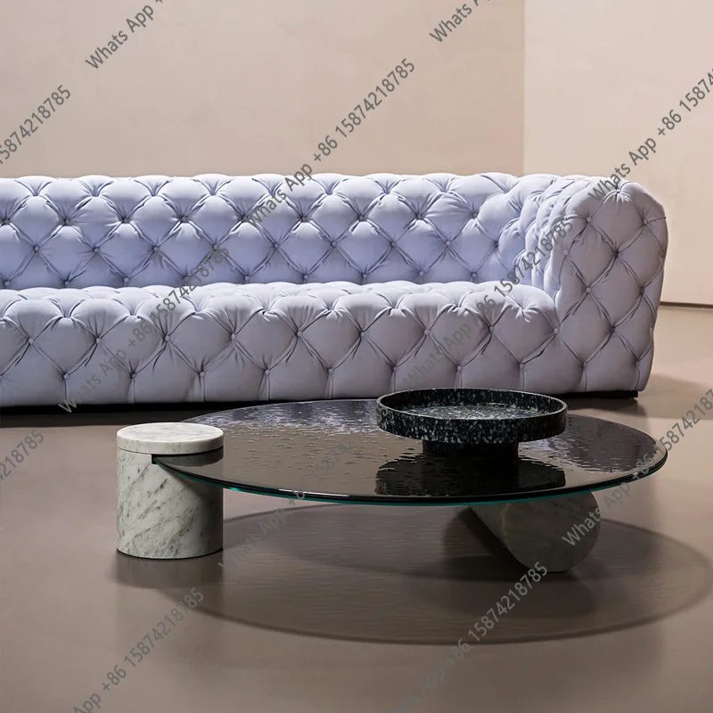 High-end water ripple coffee table wabi sand wind gray glass bubble surface round marble designer creative glass round table