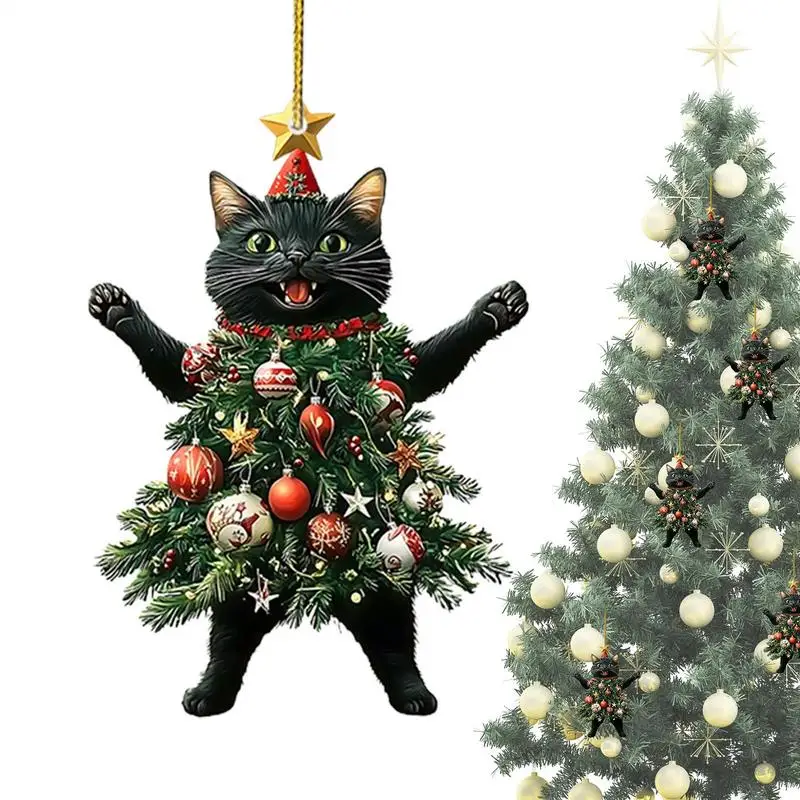 Cat Christmas Tree Ornaments Festival Kitten 2D Acrylic Rearview Pendant Creative Kitten Car Rearview Backpack Accessories