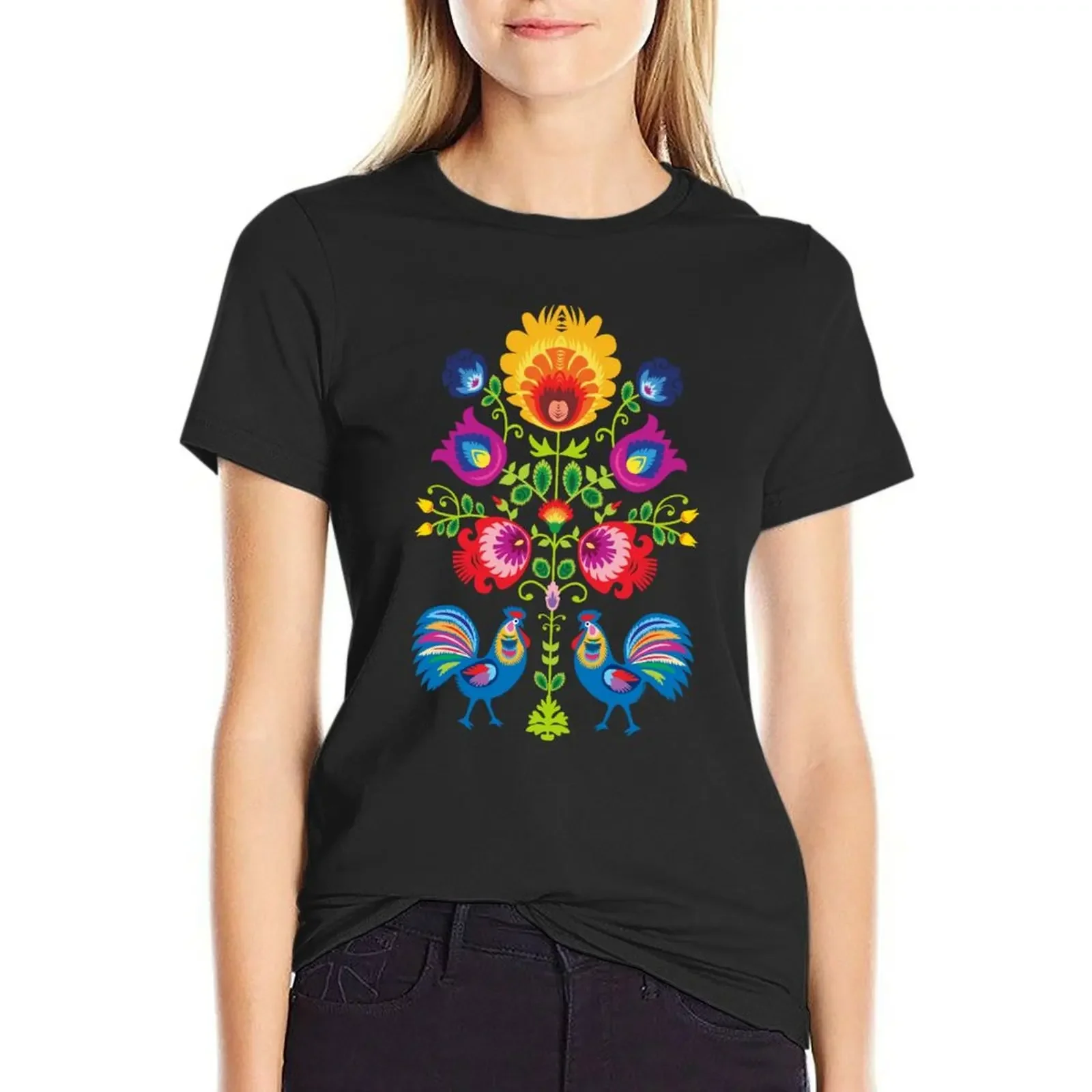 

Folk composition with flowers and roosters - wycinanki on black T-shirt vintage clothes funny t shirts for Womens