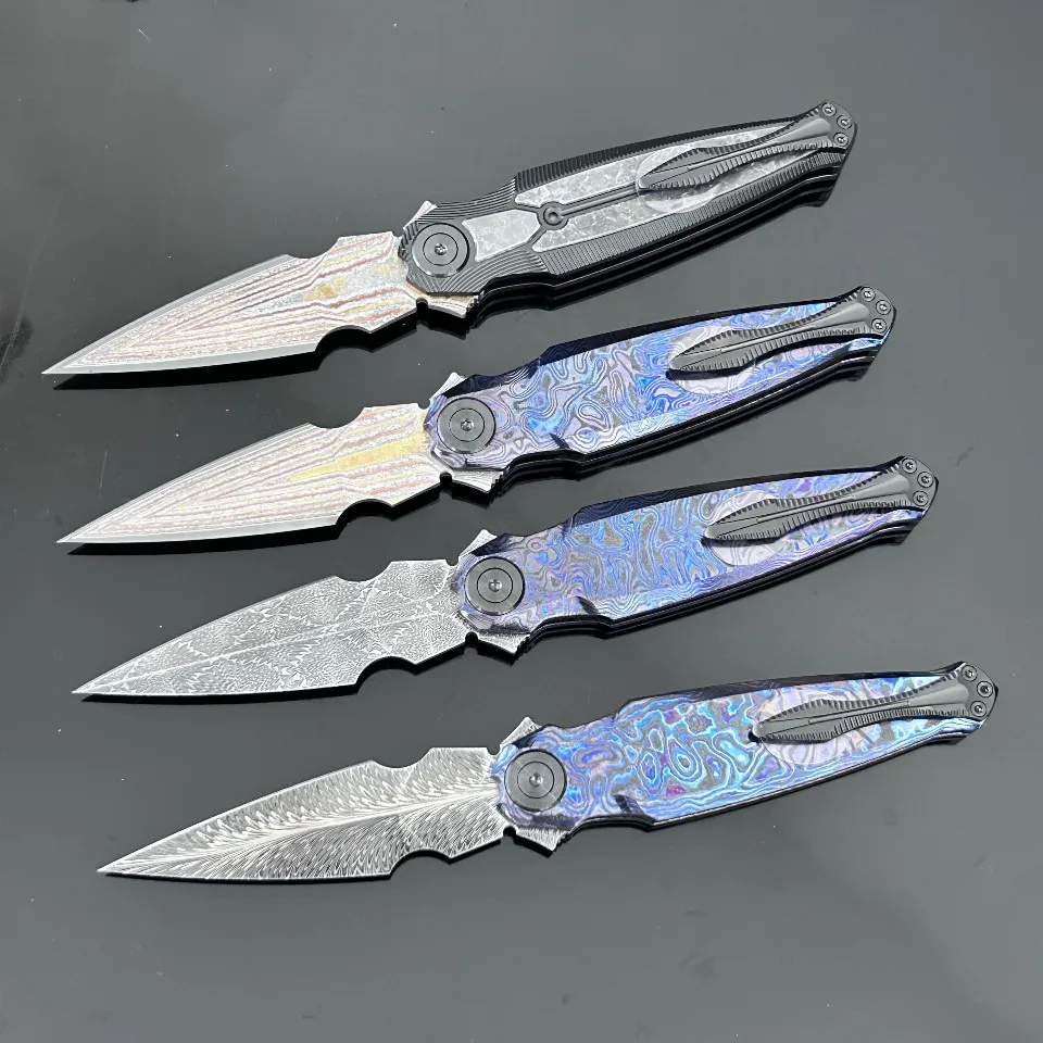 Damascus Steel Folding Knife 60-61HRC Zircuti Black Crystal Titanium Handle Copper Frame Ceramic Bearing EDC Pocket Knife
