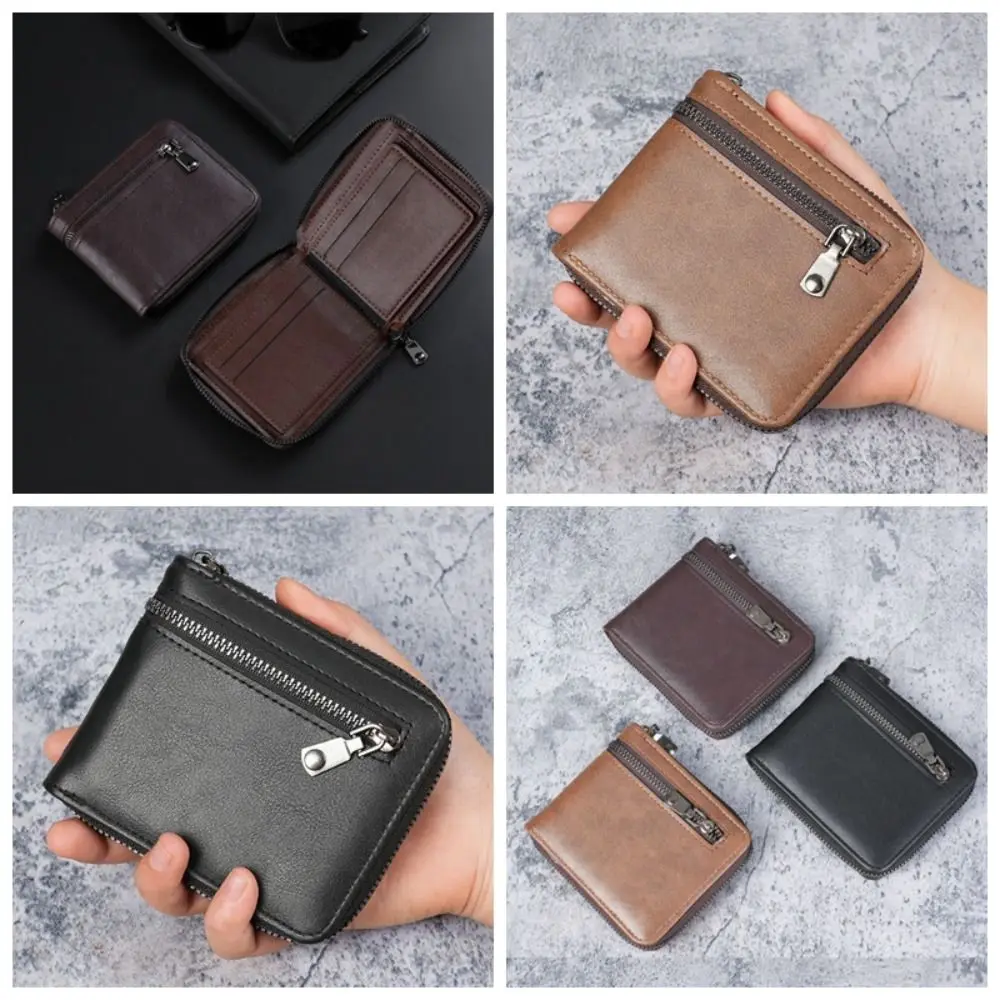 

Retro Thin Men's Short Wallet ID Card Holder PU Leather Fold Wallet Coin Purses Zipper Business Purse Daily