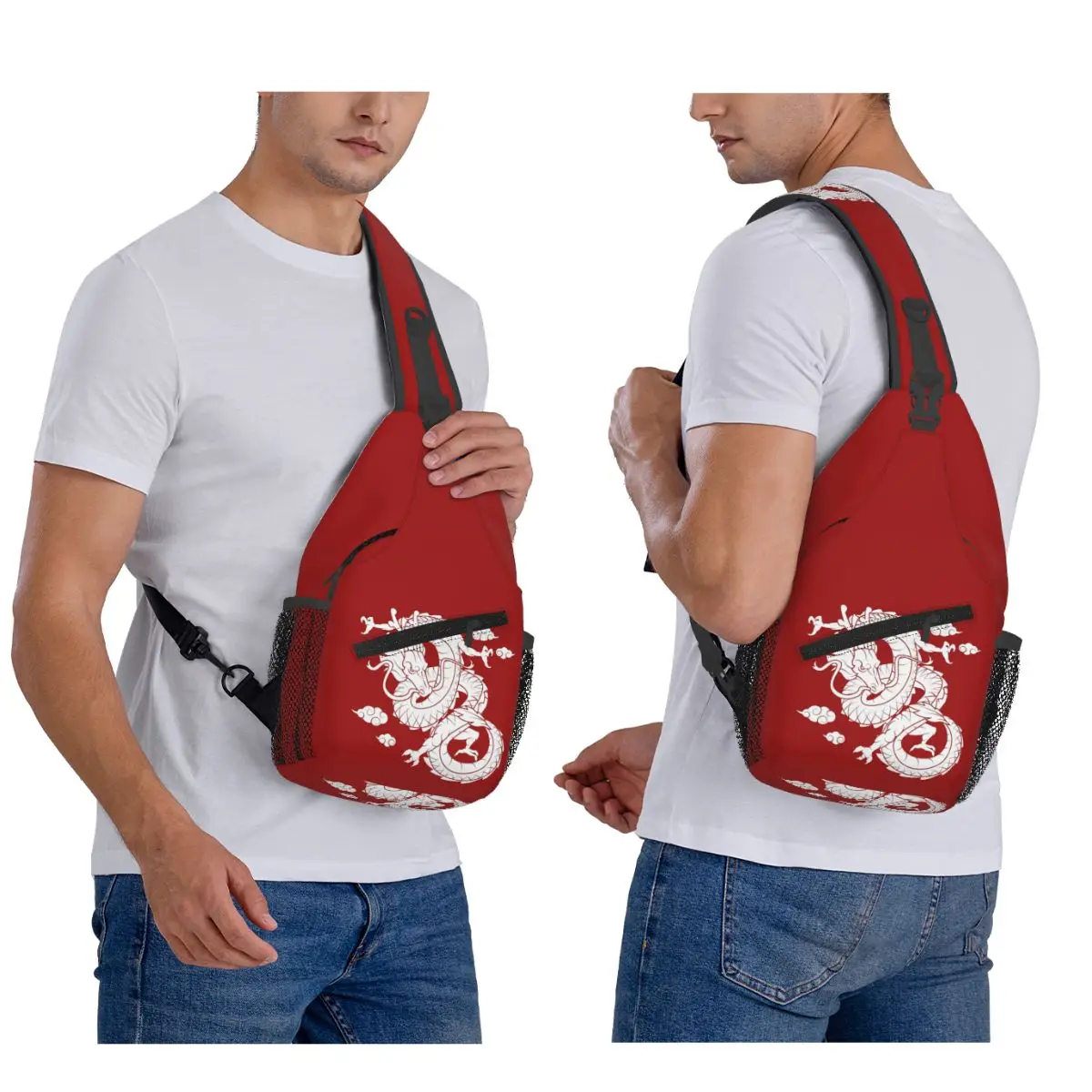 

White Chinese Dragon With Red Background Chest Bag Men Sling Crossbody Backpack Chest Bag Travel Hiking Daypack Shoulder Bag