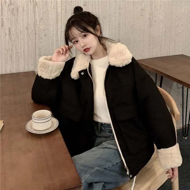 

Winter Oversize ort Cotton Jaet Women's Faion Loose Fit Korean Sle Student Lamb Fur Lined Coat Casual Outerwear