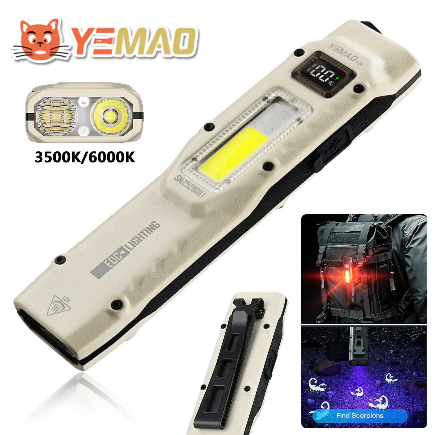 

YEMAO M28 Tactical Flashlight 880 Lumens USB Rechargeable LED Flash Light with Spotlight Floodlight Strobe Modes Slim Flat Torch