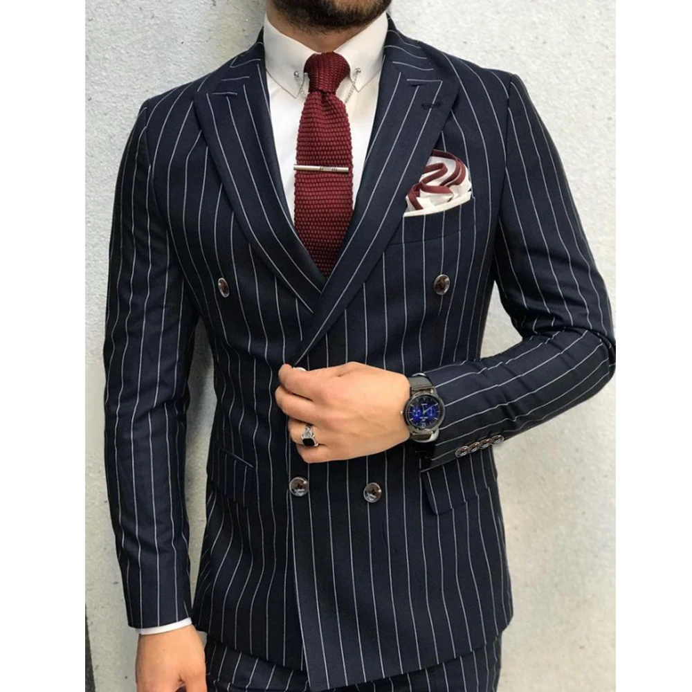 Formal Men\'s Suits Navy Blue Elegant Blazer Terno Regular Length Peak Lapel Pinstripe 2 Piece Jacket Pants Business Outfits 011C