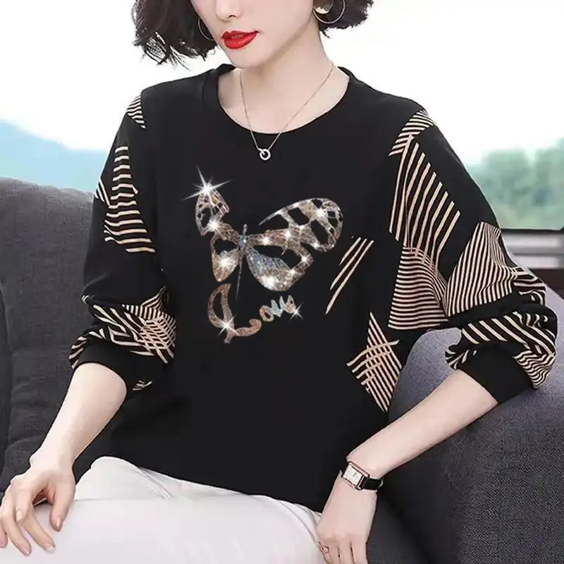 Women's O-Neck Long Sleeve Oversized Pullovers, Elegant Fashion, Diamonds, Batwing Sleeve, Women's Clothing T-Shirt, Spring,