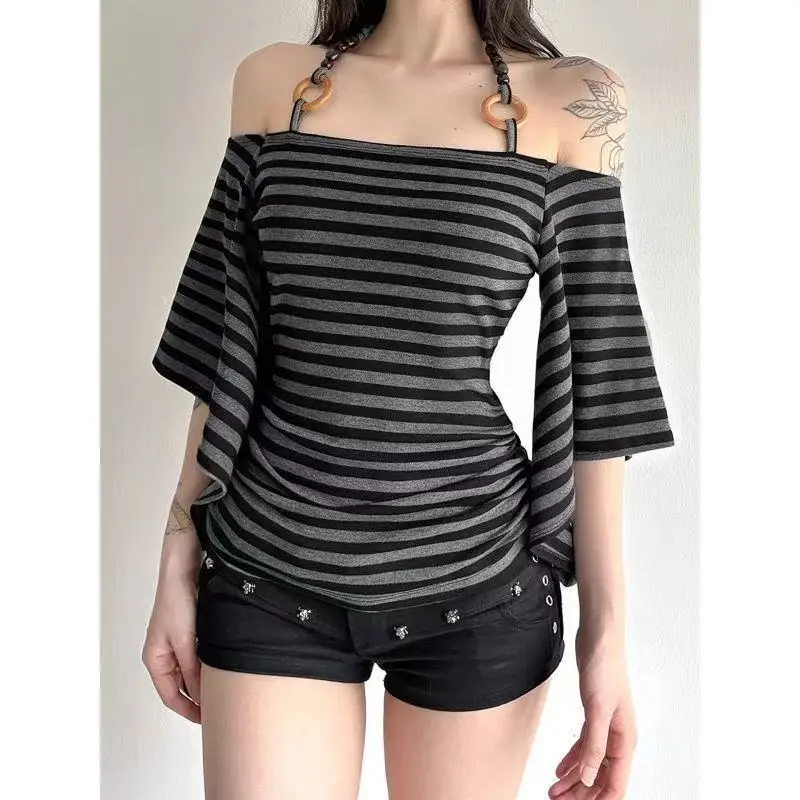 Vintage Striped One-line Shoulder Halterneck Bat Short-sleeved T-shirt Simple Off-the-shoulder Strap Slimming Waist Top Ins