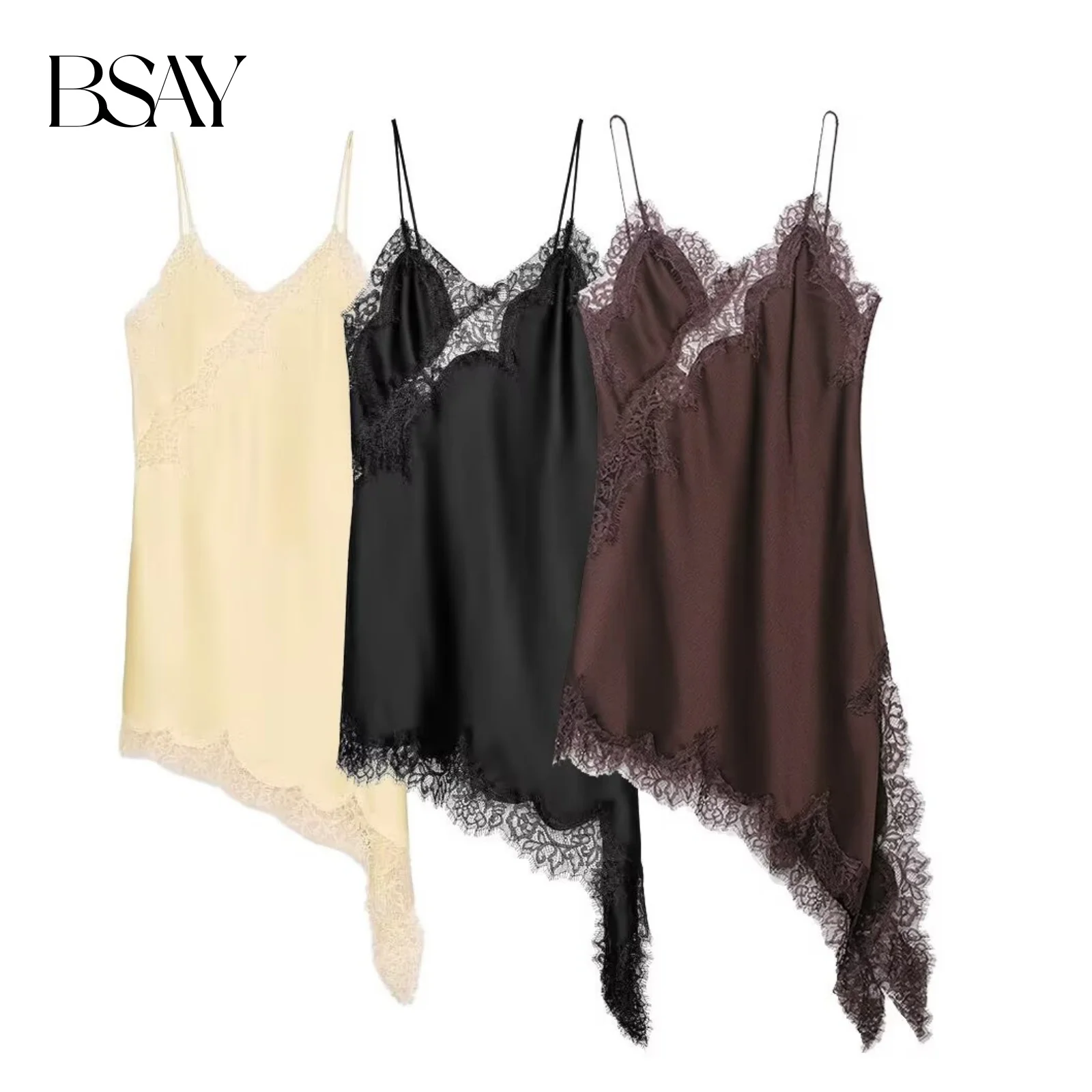 BSAY Lace Asymmetric Dress Summer New 2025 Women's clothing Fashion V-neck Sexy mini dress vest chic French Evening
