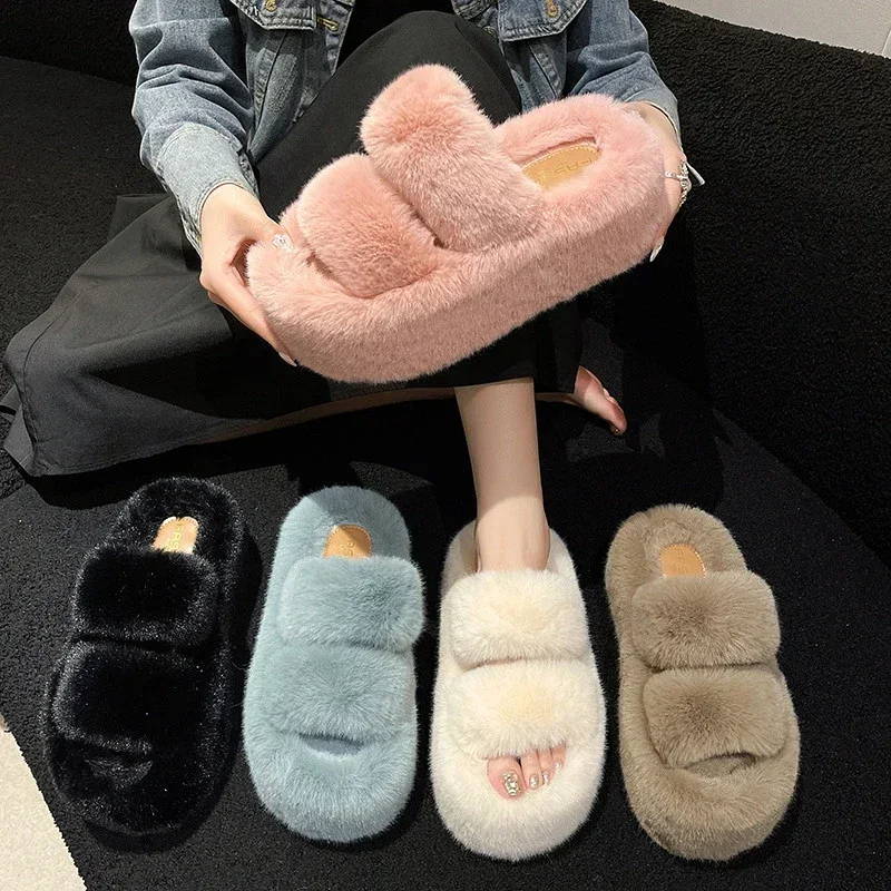 Woman Furry Ladies Fur Luxury Fluffy Plush Slipper House Soft Fuzzy Platform Indoor Casual Winter Home Warm High Heels Female