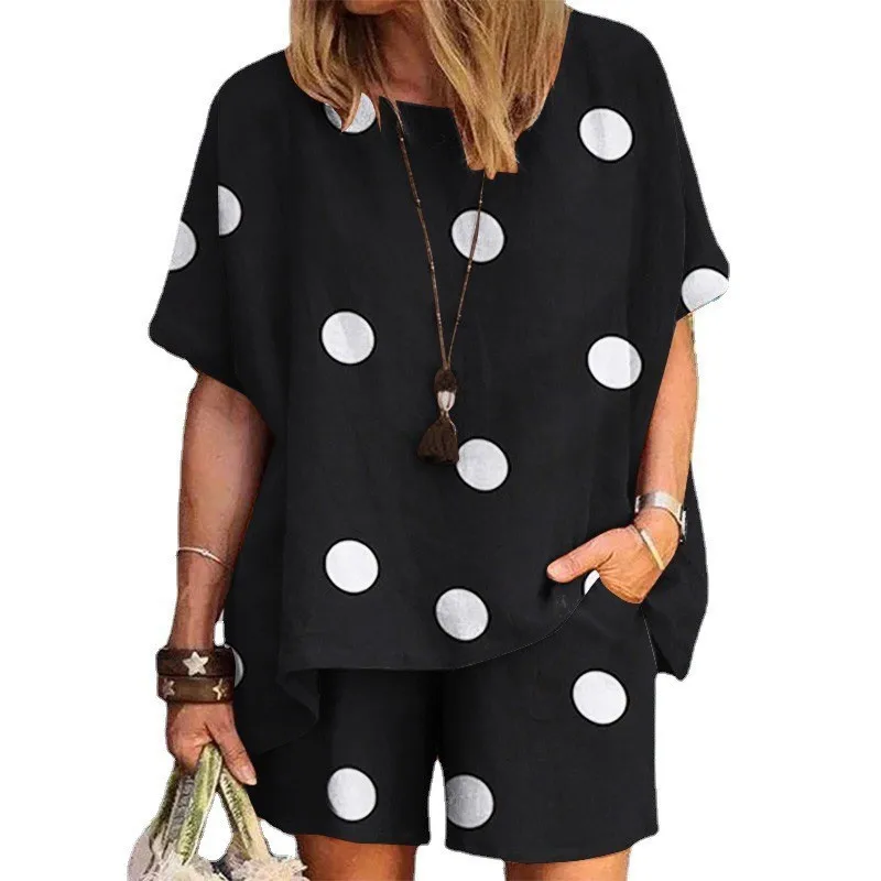 Women's Matching 2 Piece Set Shorts Outfit – Cute Sweet Polka Dot Printed Top with Half Sleeve Round Neck & Fresh Casual Look