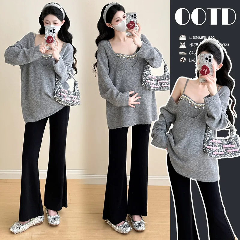 ملابس الأمومة القوس الرقبة محبوك سترة المرأة الخريف جديد تنوعا الأمومة الأعلى