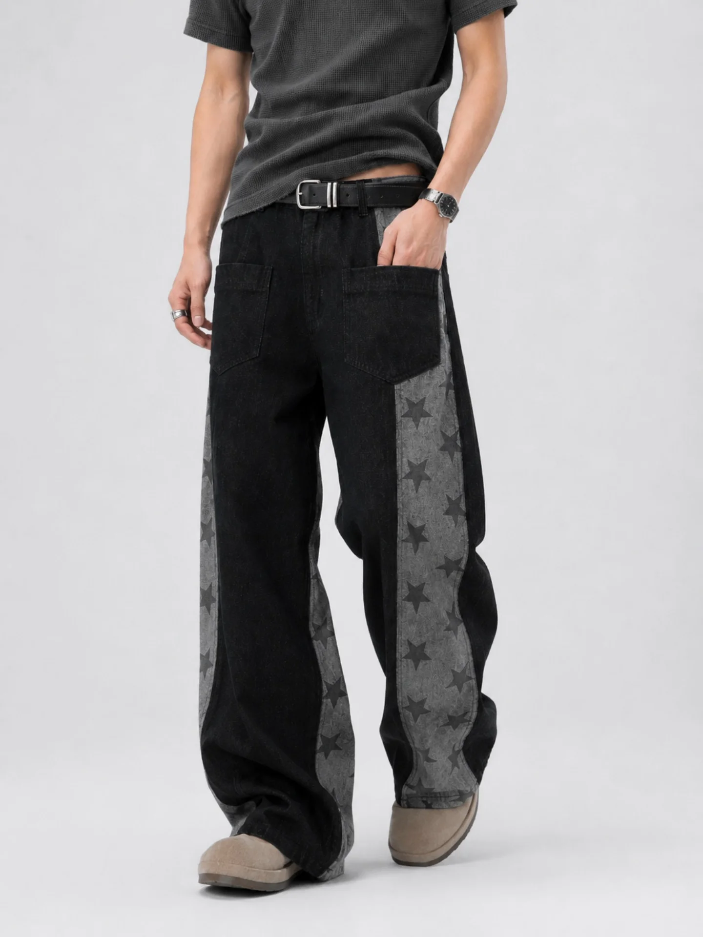 American Style Star Print Workwear Jeans Loose Fit Splicing Retro Slimming High Street Style for Men And Women Casual Straigh...