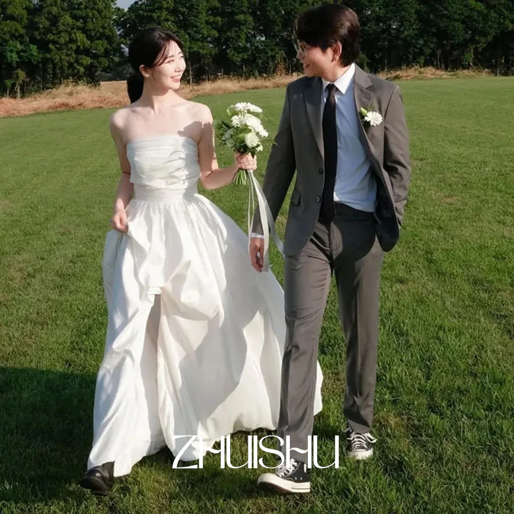 

ZHUISHU Customized Simple Taffeta Wedding Dress Korea Photo Shoot Strapless Sleeveless Bridal Gowns Long Slit Corset 웨딩드레스