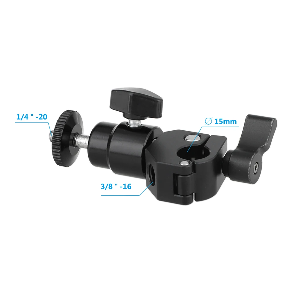 HDRIG-abrazadera de varilla de liberación rápida de 15mm y soporte de cabeza de bola de tornillo de pulgar de 1/4 "-20 (perilla de bloqueo negra) para extensión de varilla