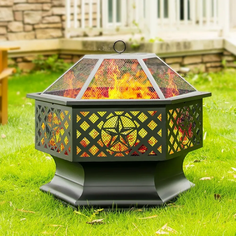 

28 Inch Hex-Shaped Fire Pit,Wood Burning Fire Pits for Outside with Spark Screen&Poker,Metal Hexagon Outdoor Firepit for Backyar