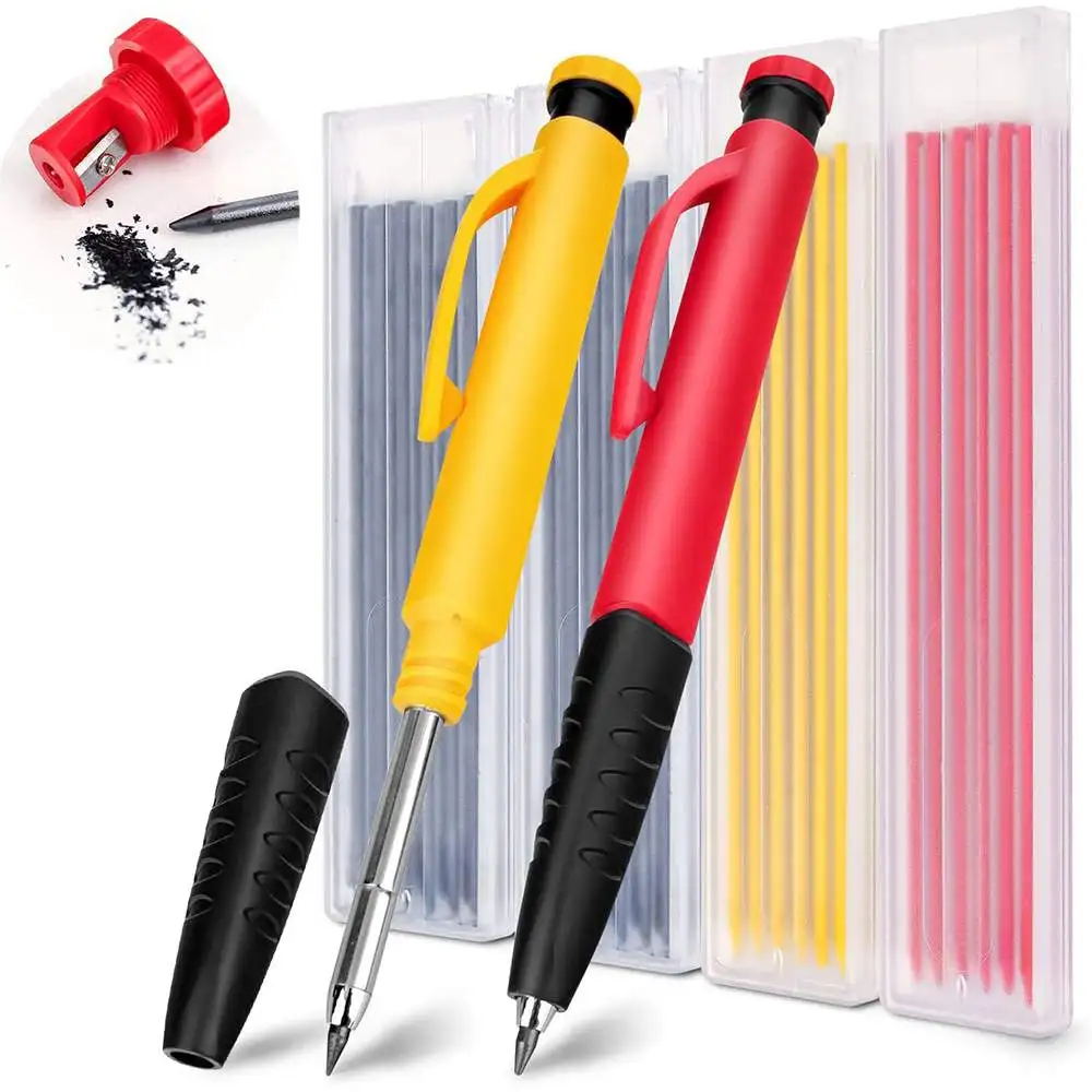 Solid Carpenter Pencil Set with 24 Multi-Color 3.0mm Leads Deep Hole Mechanical Pencil Woodworking Tools Carpentry Scriber