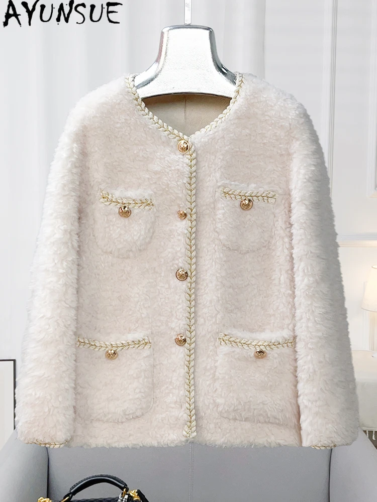 سترة نسائية من الصوف الطبيعي 100% من AYUNSUE لخريف وشتاء 2025 سترة من فرو الضأن الحبيبي ملابس نسائية جديدة في ملابس خارجية Abrigo Mujer