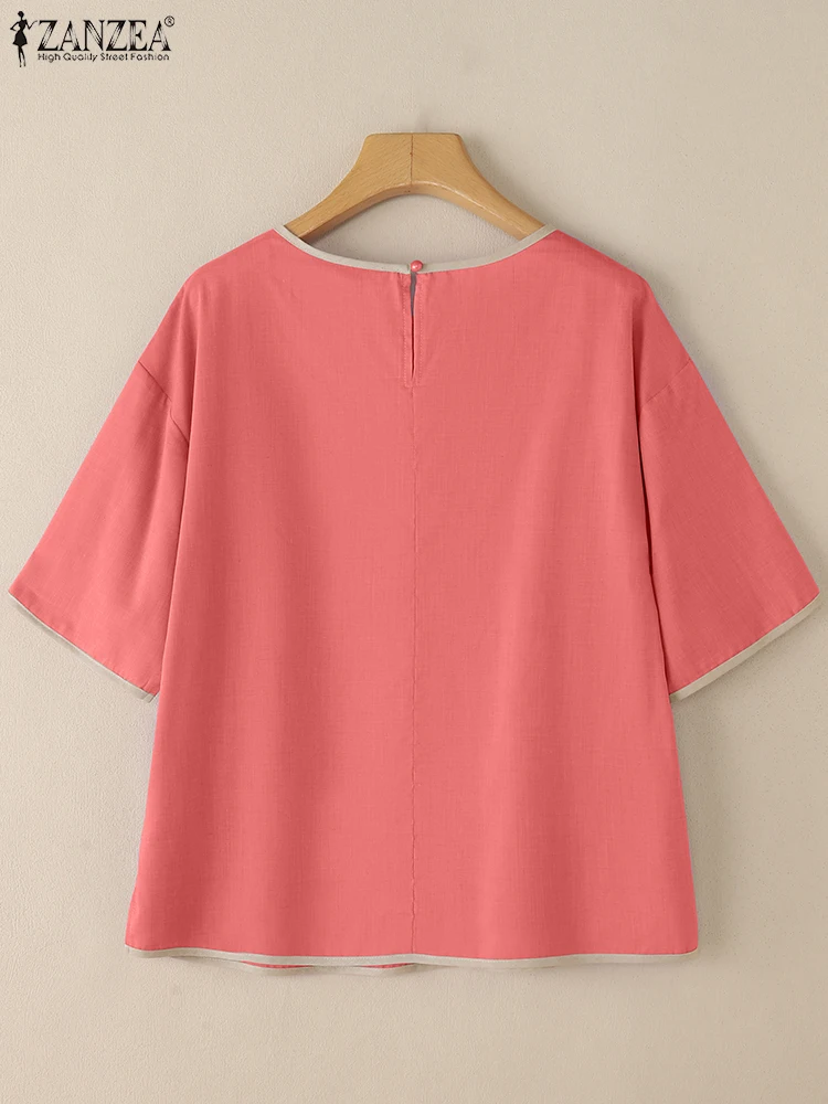 2025 Summer Contrast Color Blouse ZANZEA Women O Neck Short Sleeve Tunic Tops Casual Loose Shirt Elegant Work OL Blusas Oversize