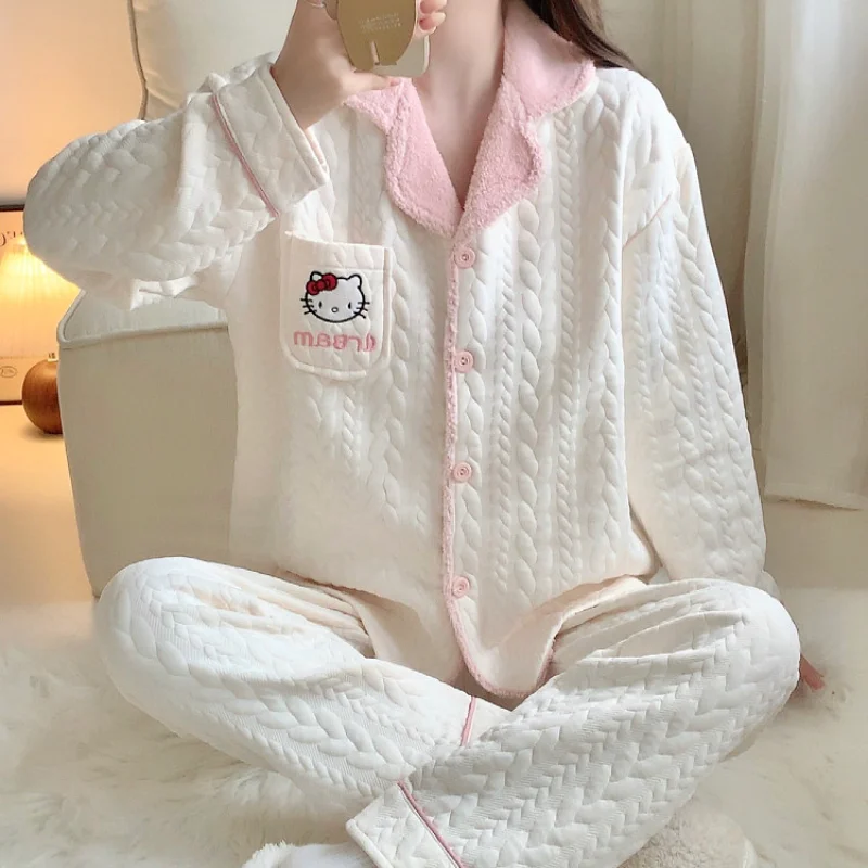 Sanrio Hello Kitty Winter New Air Cotton Pajamas Women\'s Cartoon Warm Sandwich Padded Cotton Cute Comfortable Loungewear