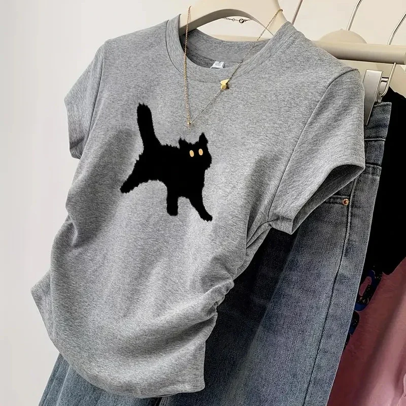 

Womens Round Neck Short Sleeve Fit Tops Cute Cat Pattern T-shaped Shirts Fashionable Casual T- Shirts Everyday Wear Daily