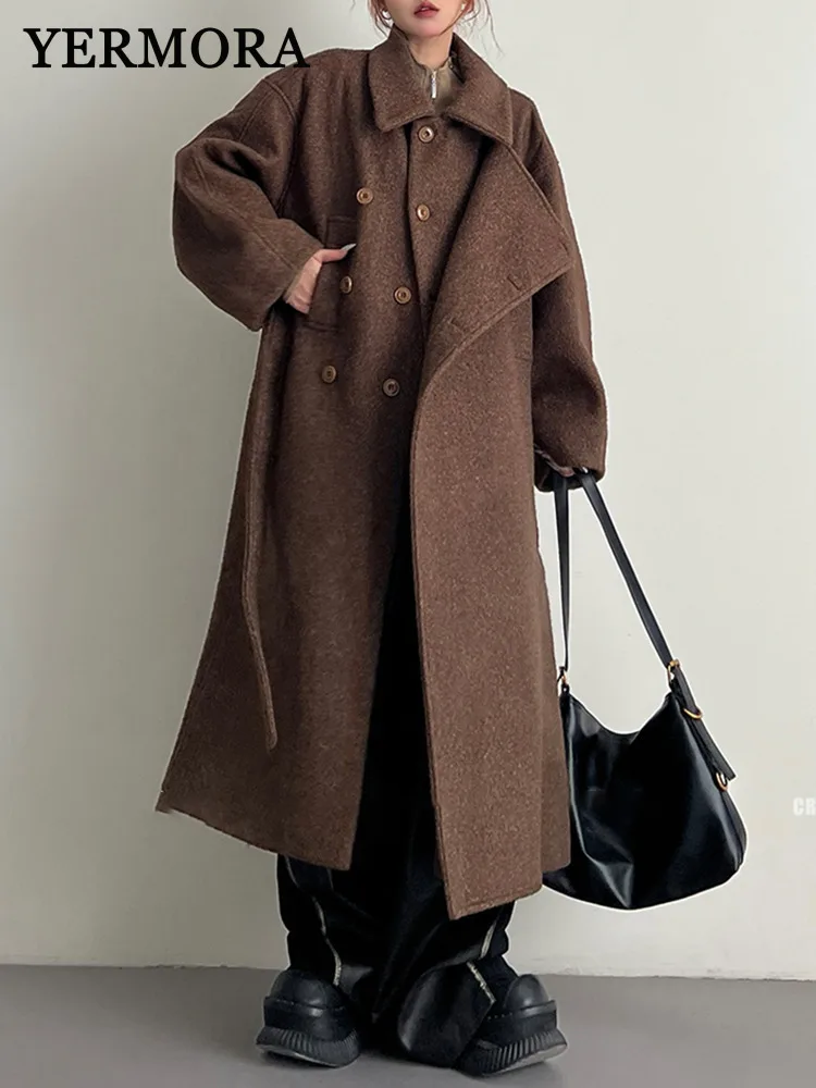 YERMORA Women Brown Asymmetric Buckle Belt Casual Woolen Coat Lapel Long Sleeve Loose New Overcoat Fashion Tide Autumn Winter
