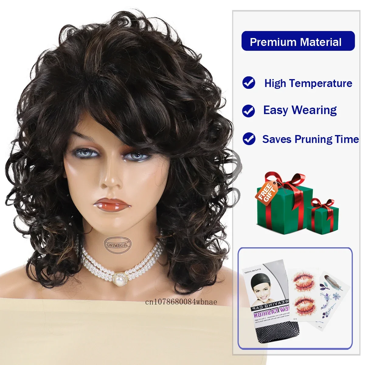 Short Curly Wigs Synthetic Hair Shoulder Length Fluffy Mix Brown Wig with Bangs for Women Afro Style Heat Resistant Daily Party