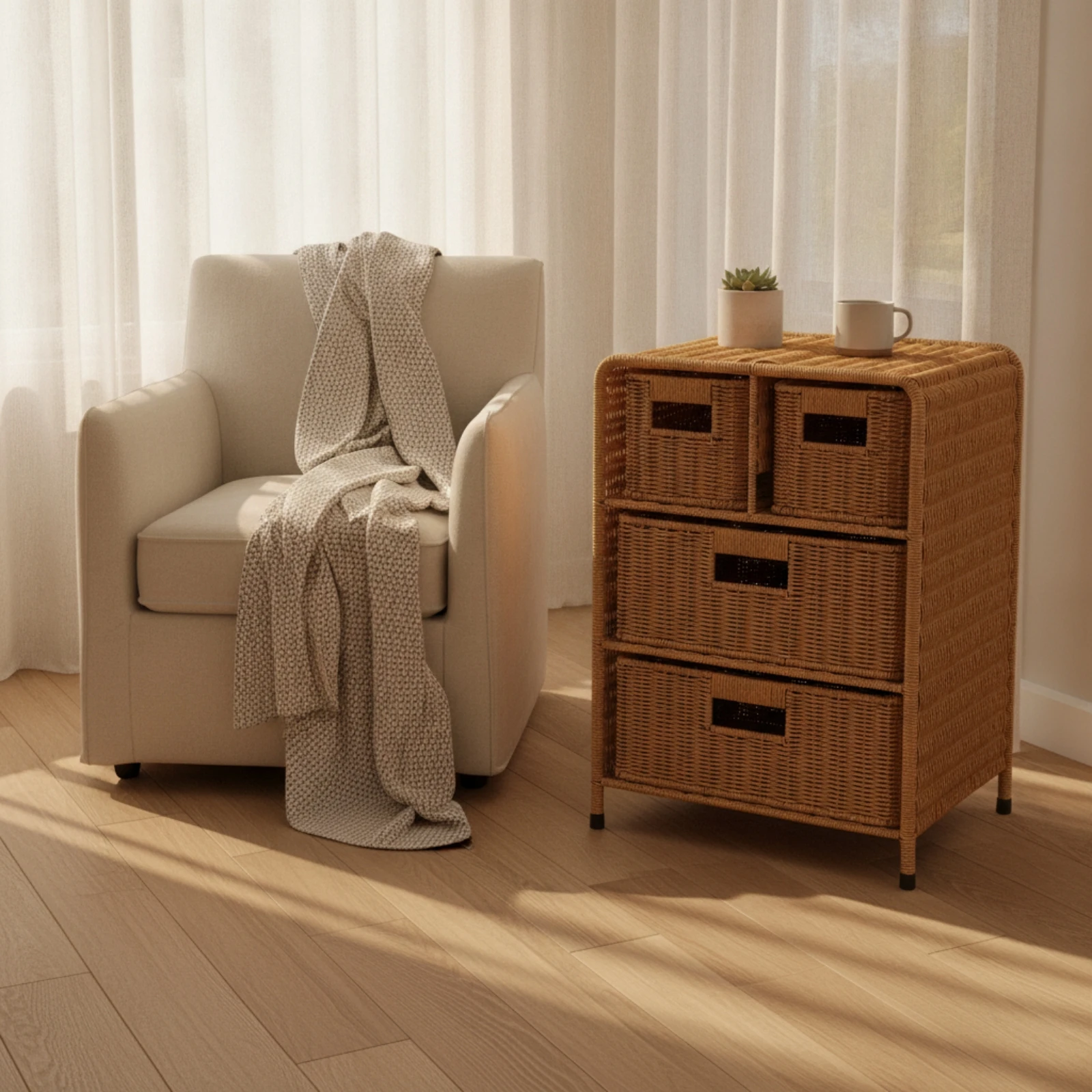 Rattan Bedside Cabinet 4-Drawer Rattan Nightstand Nightstand with Drawers Compact Side Table Boho for Bedroom, Living Room