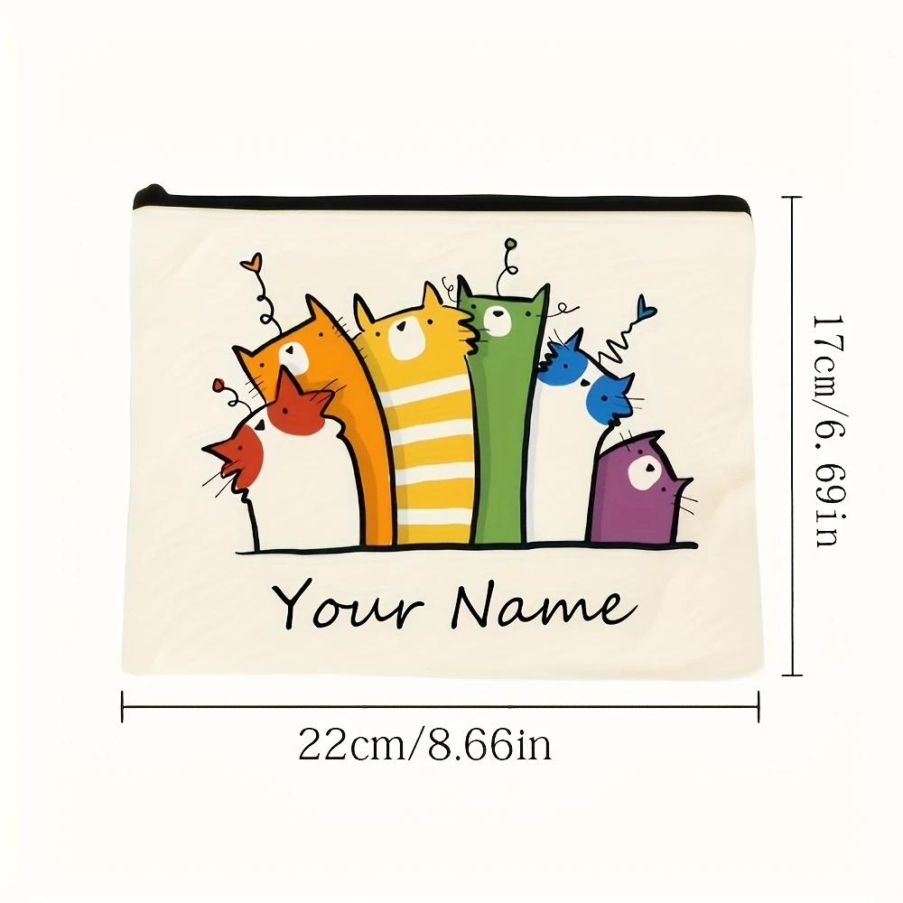 Customizable Name Vintage Cat Makeup Bag - Personalized Women's Cosmetic Pouch with Playful Cartoon Cats, Durable Zipper Closure