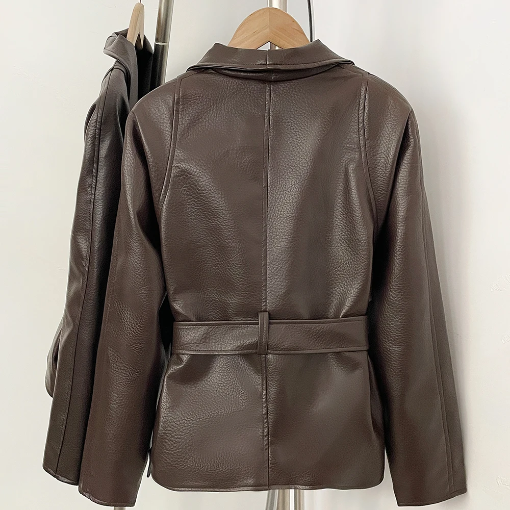 OFTBUY Neue Frühlings-Streetwear Damen Schicke Oversized PU-Lederjacke mit Revers, Lässiger Mantel mit langen Ärmeln, überschnittenen Schultern und Gürtel für Damen – Detail 9