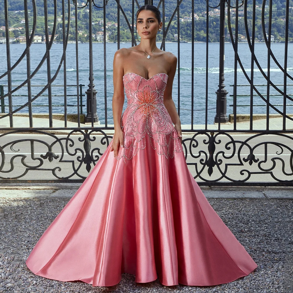 Peach Pink Evening Dress Customized Beads Sweetheart Sleeveless A Line Satin Formal Party Gown for Weddings Saudi Prom Dresses