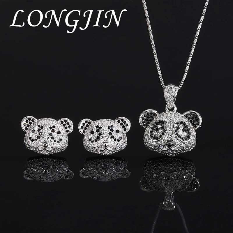 

S925 Sterling Silver Bears Panda Pendant Necklace Earrings Classic Cubic Zirconia for Women Cute Luxurious Women's Jewelry Gift