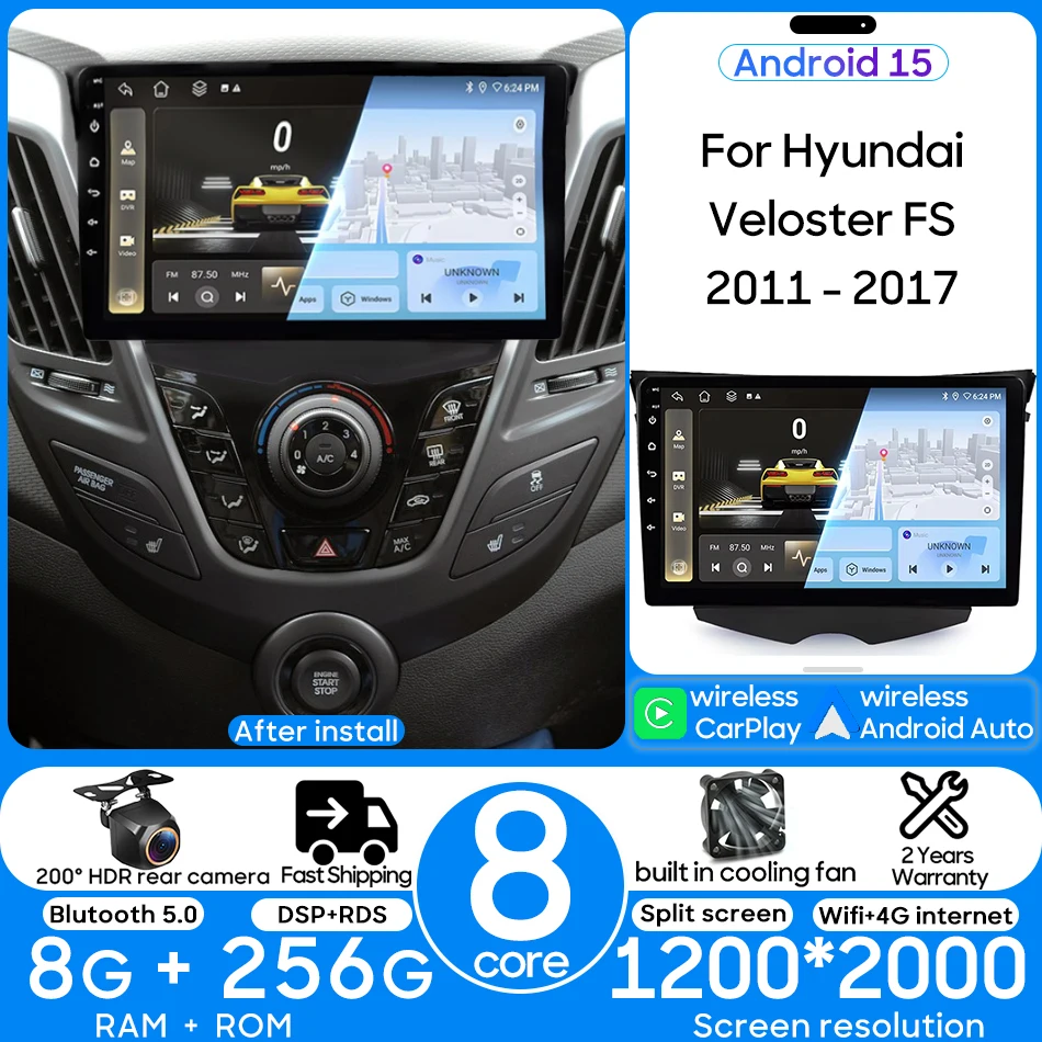 Android 15 For Hyundai Veloster FS 2011 - 2017 Car Radio Multimedia Video Player Navigation GPS  8+256G 8 Core CarPlay Auto 2din