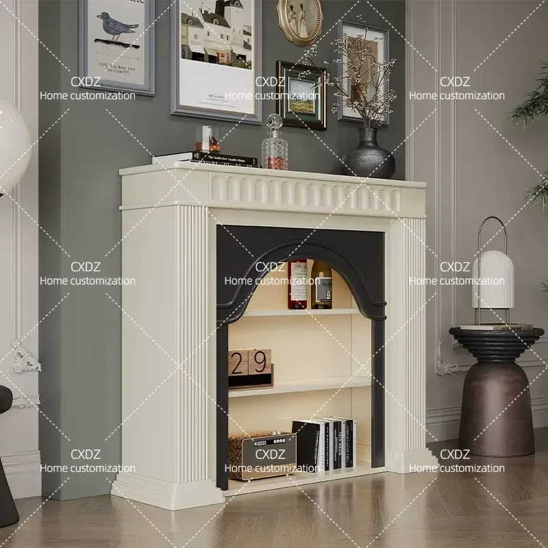 French Cream Style Solid Wood Fireplace Decorative Cabinet American Country Retro Living Room Storage Console Home Mantel