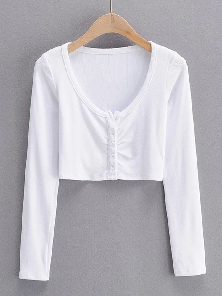 Top e camicette da donna con fondo a maniche lunghe con scollo a V sottile Cardigan con ombelico aperto in tinta unita High Street