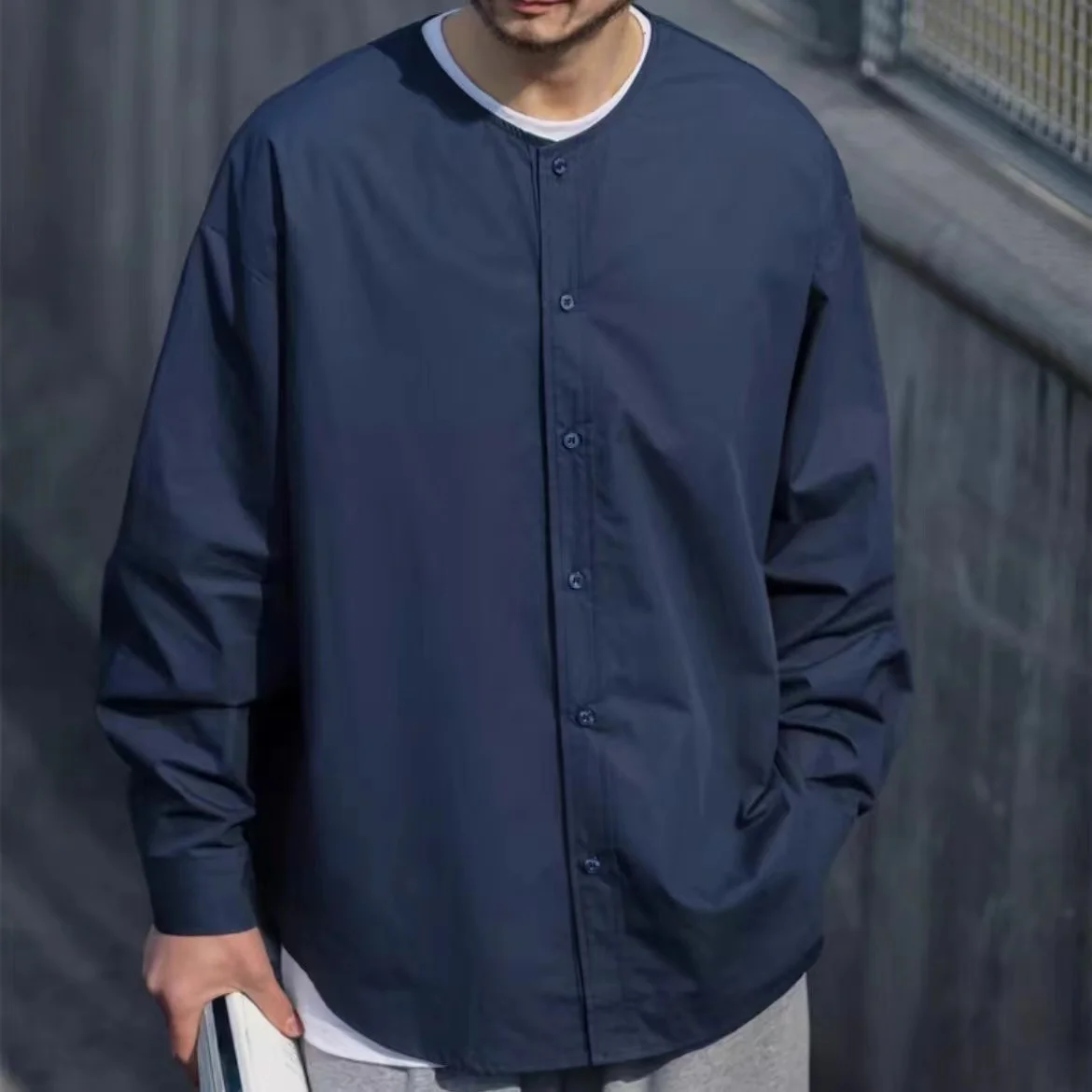 

Retro Casual Japanese Style Workwear Collarless Long Sleeve Men's Shirt Spring Summer Thin Breathable Base Layer Shirt