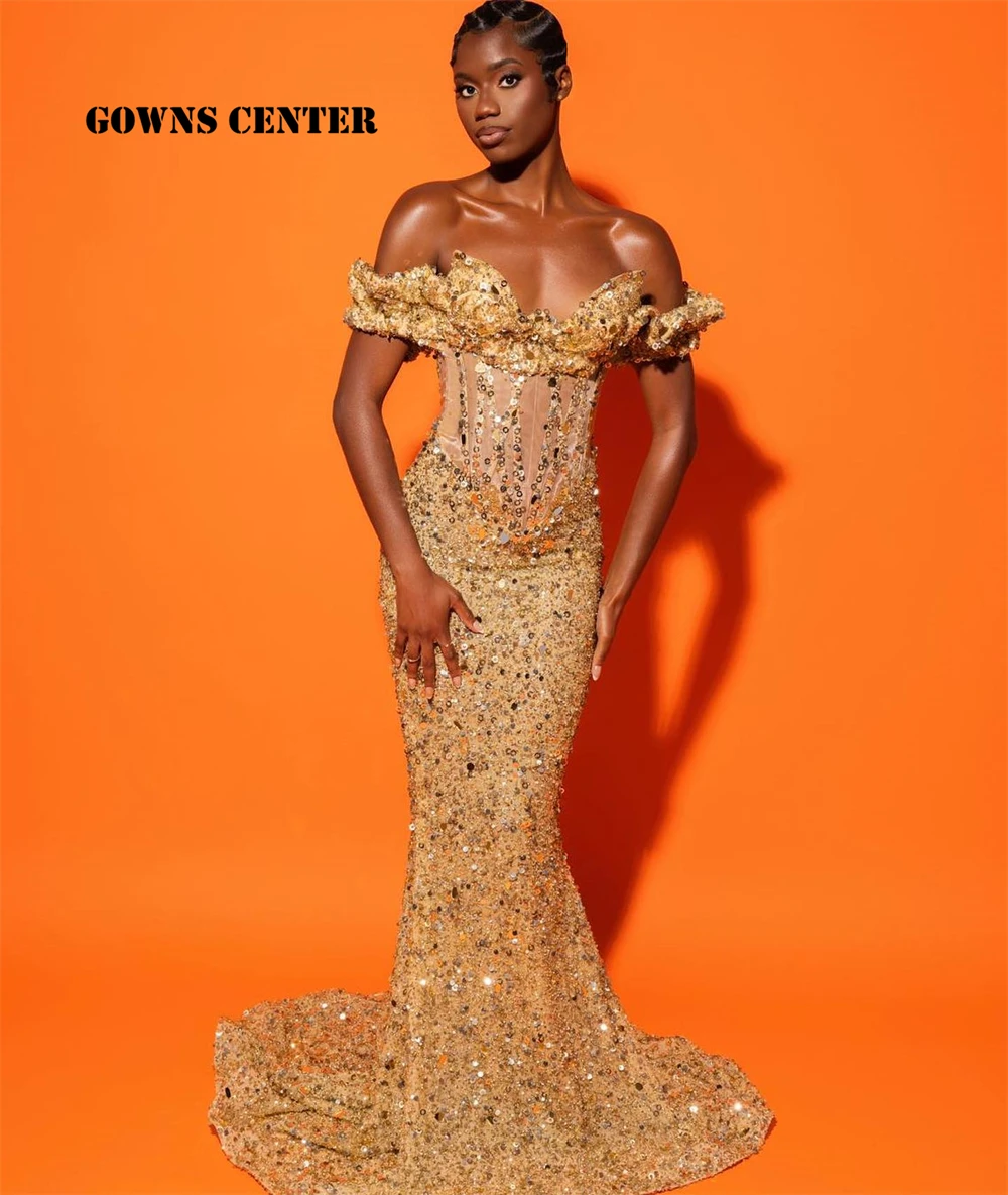 Ashimmer Gold Beaded Off The Shoulder Aso Ebi Luxury Evening Dresses 2024 Corset Mermaid African Wedding Dress Customized