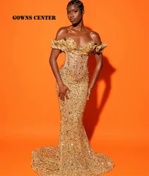 Ashimmer Gold Beaded Off The Shoulder Aso Ebi Luxury Evening Dresses 2024 Corset Mermaid African Wedding Dress Customized