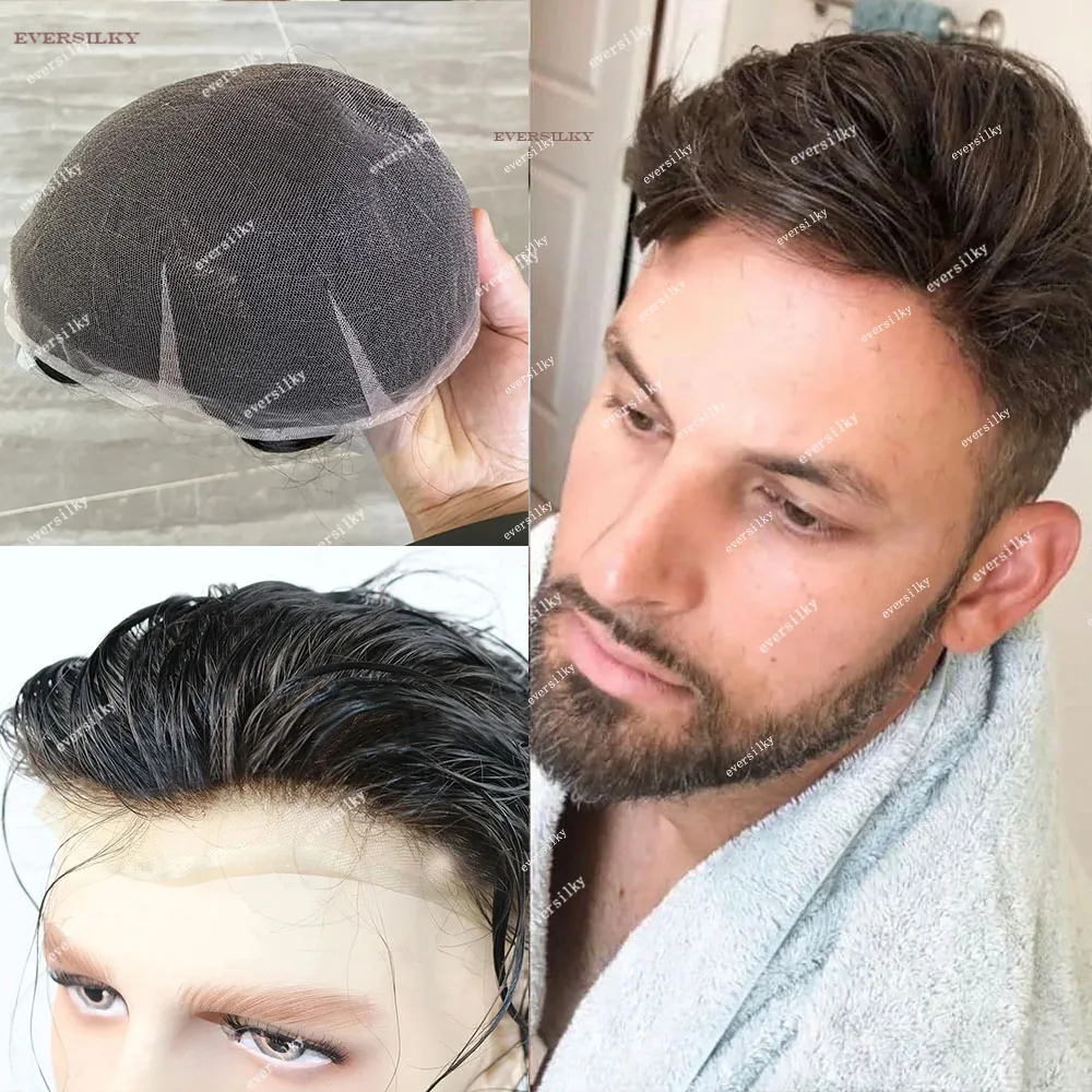 Natural Hairline Full Lace Mens Toupee Breathable Super Durable Brown Black Human Hair Wig Undetectable Bleach Knots Prosthesis