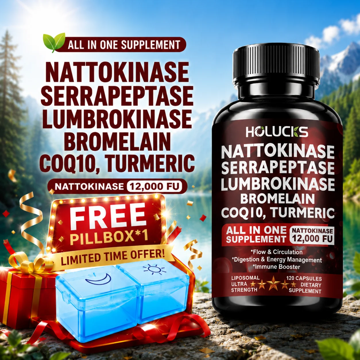 High Potency Enzyme Complex, with Lumbrokinase & CoQ10, Boost Vitality, Cellular Energy & Immune Health, Middle Aged Daily