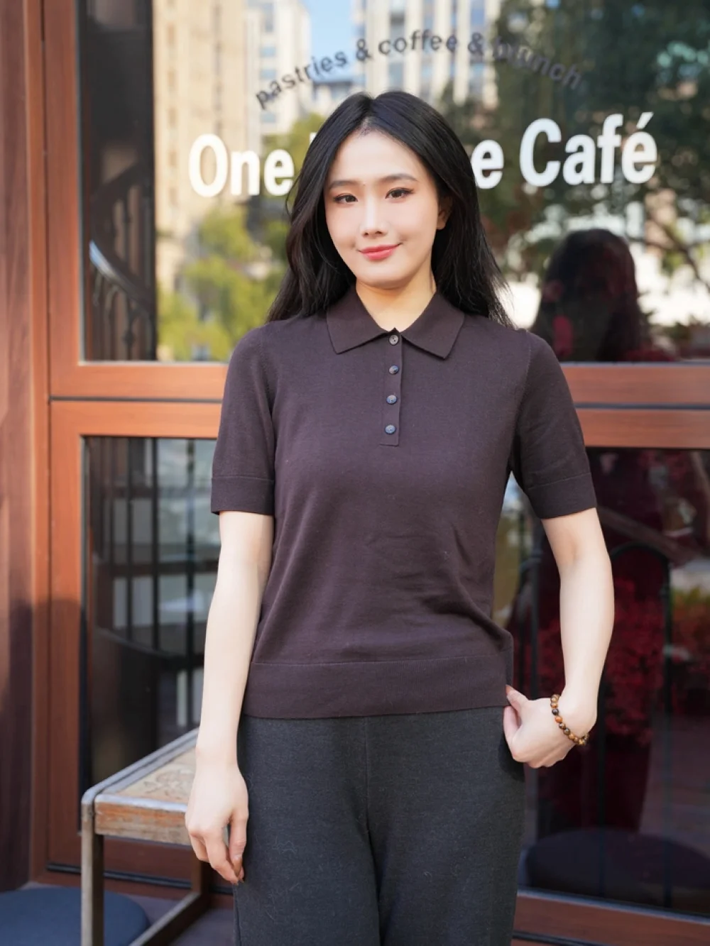 XIMIAN APPAREL 2026 YAZHIMEI cos spring new style of Women's casual dark brown knitted polo shirt - simple style top