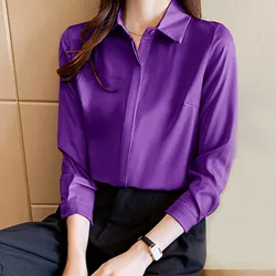 Fashion Rayon Satin Silk Shirt Women Autumn Purple Solid Basic Long Sleeve OL Shirts Vintage Blouse Office Ladies Elegant Shirts