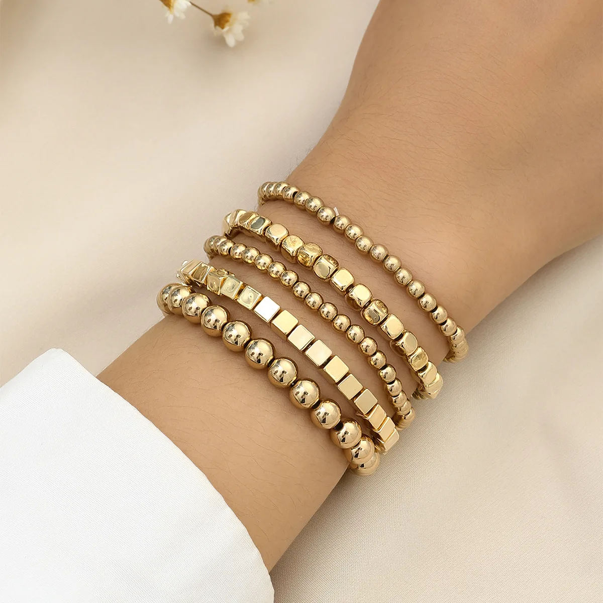 New Beaded Bracelets for Women Charm Link Chain Statement Bracelets Bangles Handmade Gold Color Beads Elastic Hand Jewelry