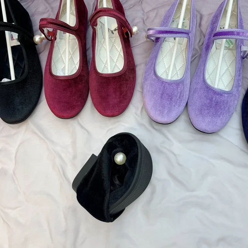 2024 New Velvet Mary Jane Pearls Buckle Shoes Women Lady Female Flat Pumps Instagram Style Casual Solid Coloe Purple Wine Red